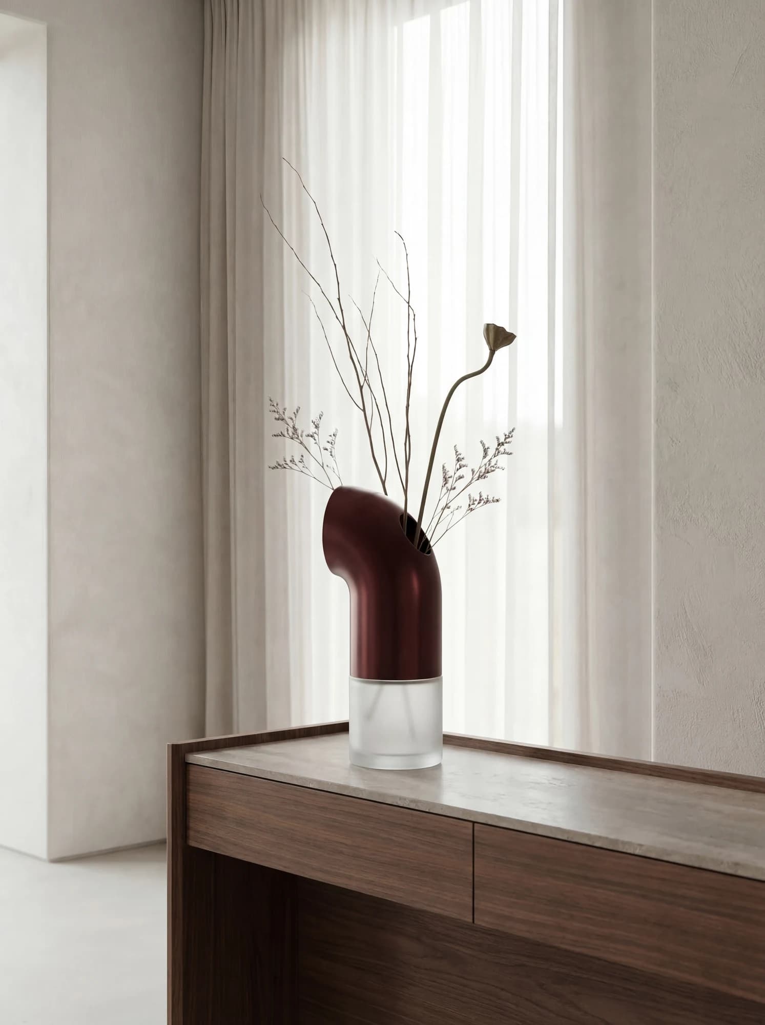 Burgundy vase visualized on a wooden cabinet