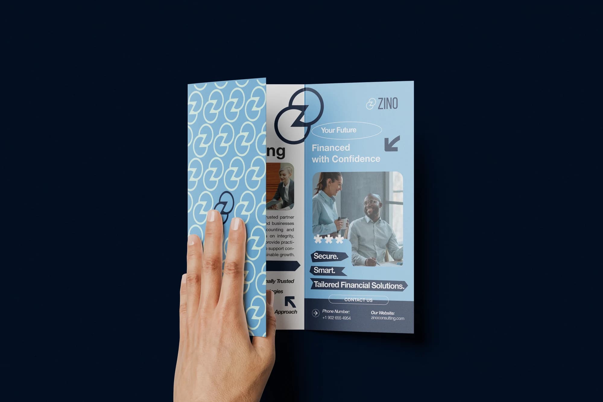 ZINO brochure cover with a repeating identity pattern