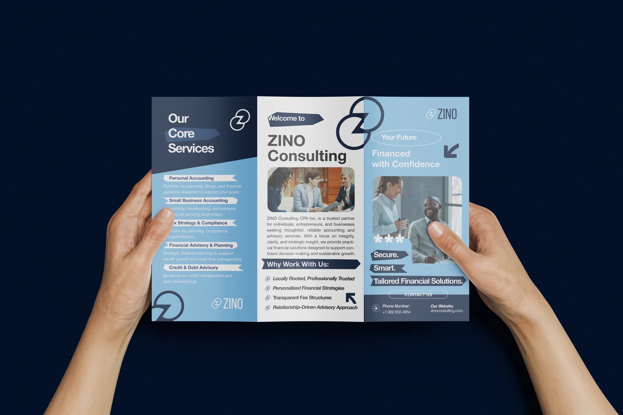 ZINO service brochure held open to show its typography and layout